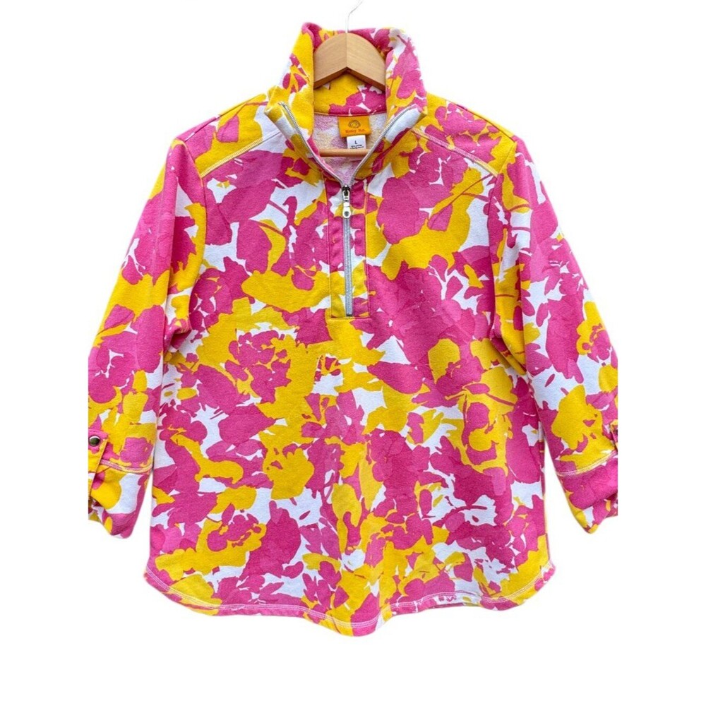 Ruby Rd 1/4 Zip Pullover Large Yellow Pink Floral Eclectic Maximalist Resortwear